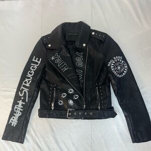 Eye Dare You Yara Zaya 90 Day Fiancé Faux Leather Biker Jacket Graffiti Print